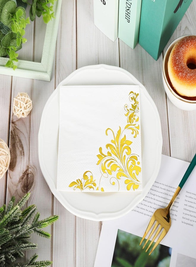 JarThenaAMCS 100 Sheet White Gold Cocktail Napkins 3ply Gold Foil Disposable Beverage Napkins Paper Dinner Napkins for Wedding Birthday Party Supplies - Image 3